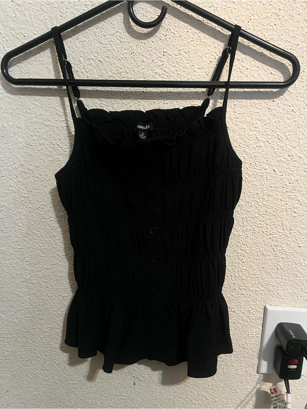 Amelia Black Smocked Button-Front Spaghetti Strap Camisole